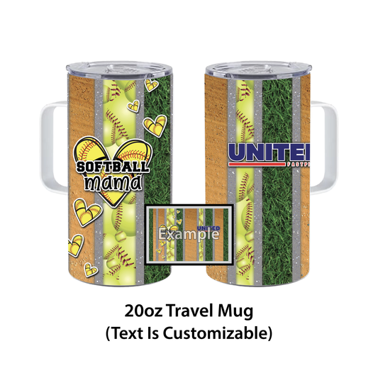United Fastpitch Softball Heart Custom Text • 20oz Travel Mug Tumbler